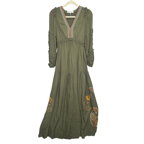 Hale Bob Josephine Embroidered Maxi Dress Olive Green XS - Picture 2 of 7